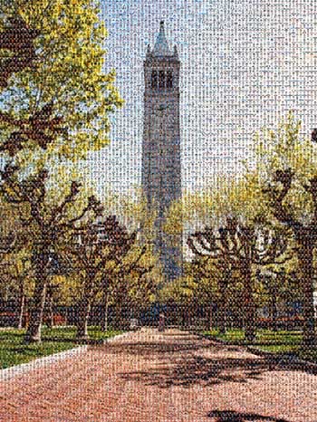 A digital mosaic made of incoming fall 2020 students' Cal1 cards shows the Campanile and its esplanade.