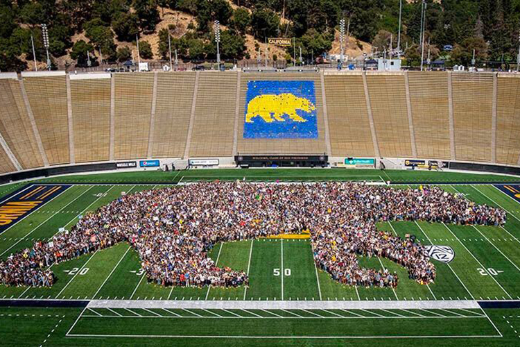 Berkeley football field and students forming a bear with their bodies