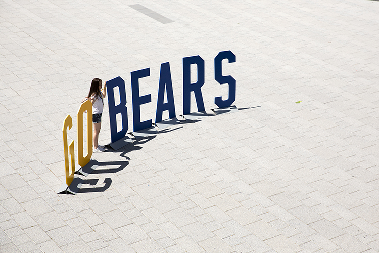 Giant blue and gold lettering spelling out Go Bears sits on a campus plaza