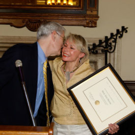 Mary Ann Mason receives the Berkeley Citation from then-Chancellor Robert Birgeneau in 2007.