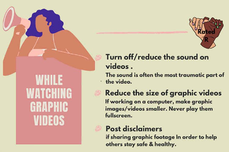 A webpage from a website called Rated R lists tips for how to watch graphic videos more safely. A graphic of a woman holding a megaphone is next to the tips.