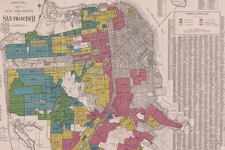 A historical map of San Francisco in which each neighborhood has been shaded according to it's Home Owners' Loan Corp. investment rating