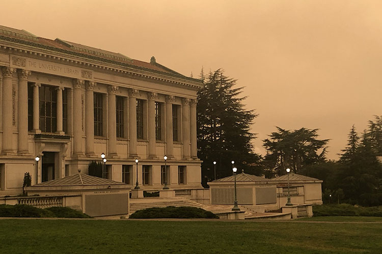 The lanterns outside Doe Library were still on during the day on Wednesday, when the skies were dark and smoky.