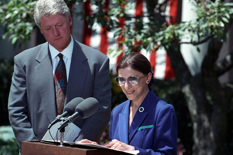 Ruth Bader Ginsburg, right, accepts her nomination to the United States Supreme Court while President Bill Clinton looks on.