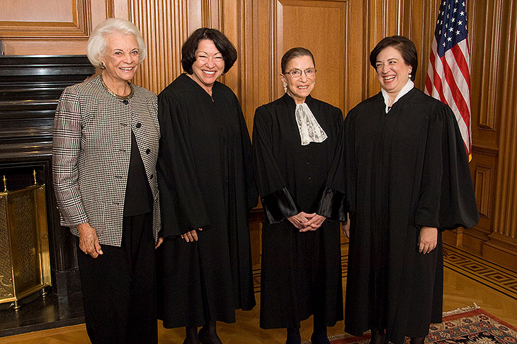A 2010 portrait of the only four women to have served on the U.S. Supreme Court. From left: Sandra Day O'Connor, then retired, now deceased, Justice Sonia Sotomayor, Justice Ruth Bader Ginsburg and Justice Elena Kagan.