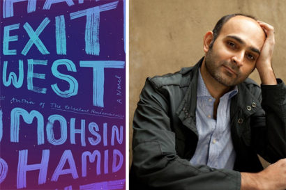 Exit West book cover and Mohsin Hamid with his head on his hand
