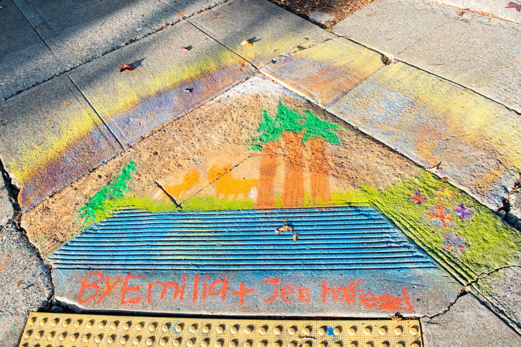 a chalk mural of a forest painted on a sidewalk