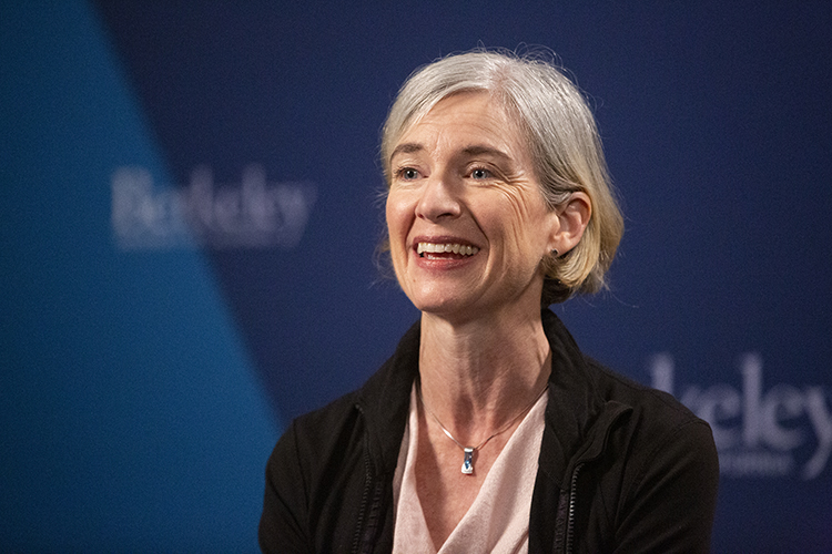 Jennifer Doudna speaks at a press conference at Berkeley