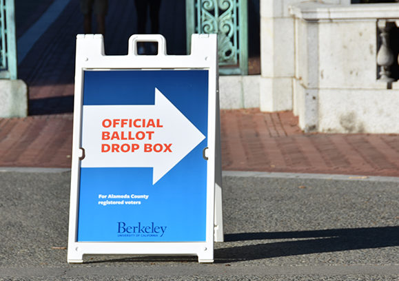 Campus sign pointing to ballot drop boxes