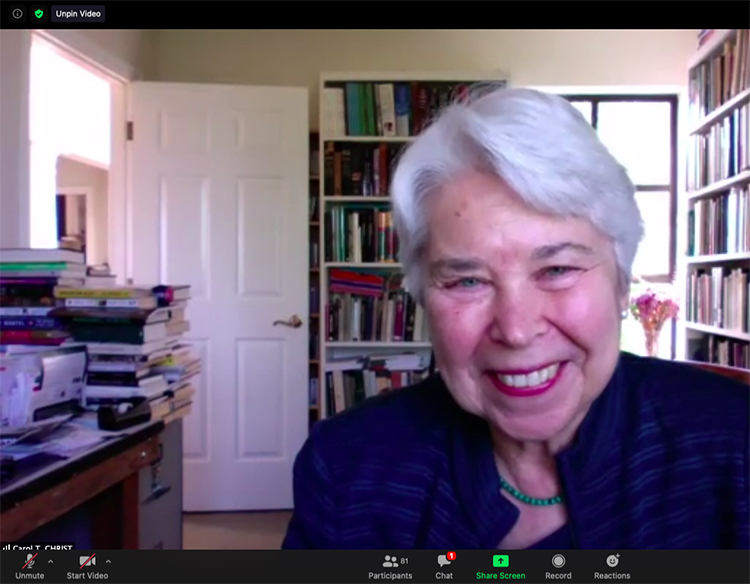 Chancellor Carol Christ smiling during a zoom meeting