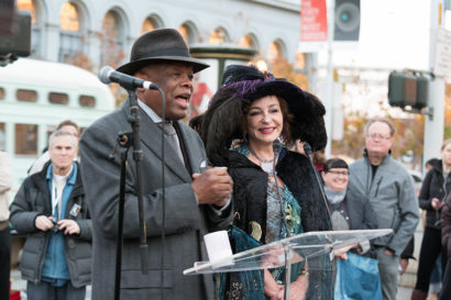 Willie Brown and Donna Huggins speaking to a crowd in downtown San Francisco