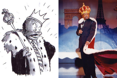 cartoon of willie brown dressed as a king (left) and willie brown on stage dressed as a king