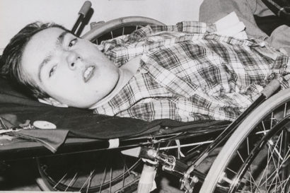 mark o'brien in his specially designed wheelchair in the 1970s