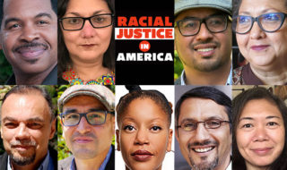 a headshot collage of the nine UC Berkeley leaders interviewed on the election, plus the Racial Justice in America logo