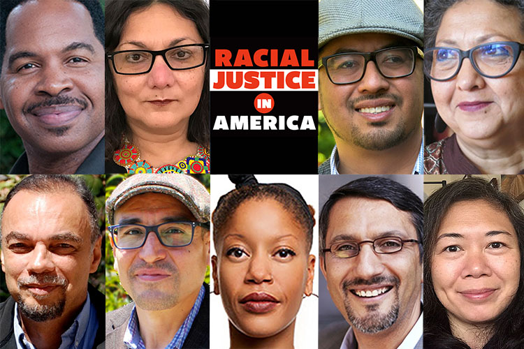 a headshot collage of the nine UC Berkeley leaders interviewed on the election, plus the Racial Justice in America logo