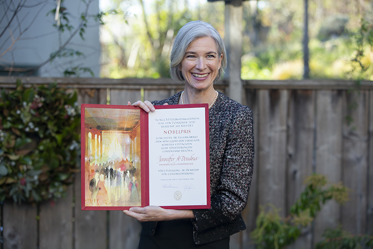 Doudna holding Nobel Prize diploma