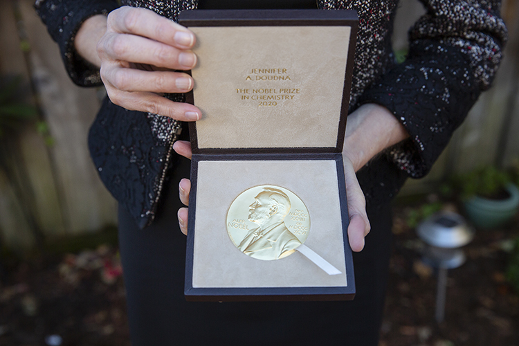 closeup of Nobel Prize medal in its case