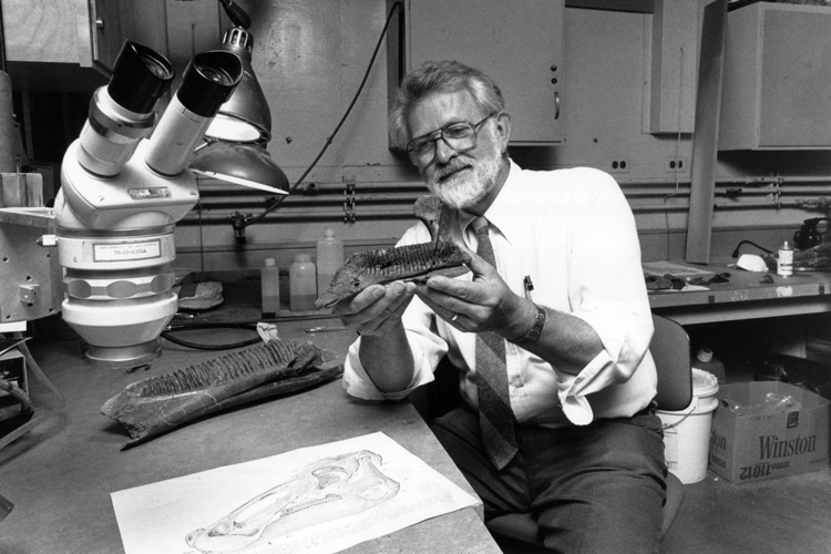 William Clemens holding a dinosaur fossil