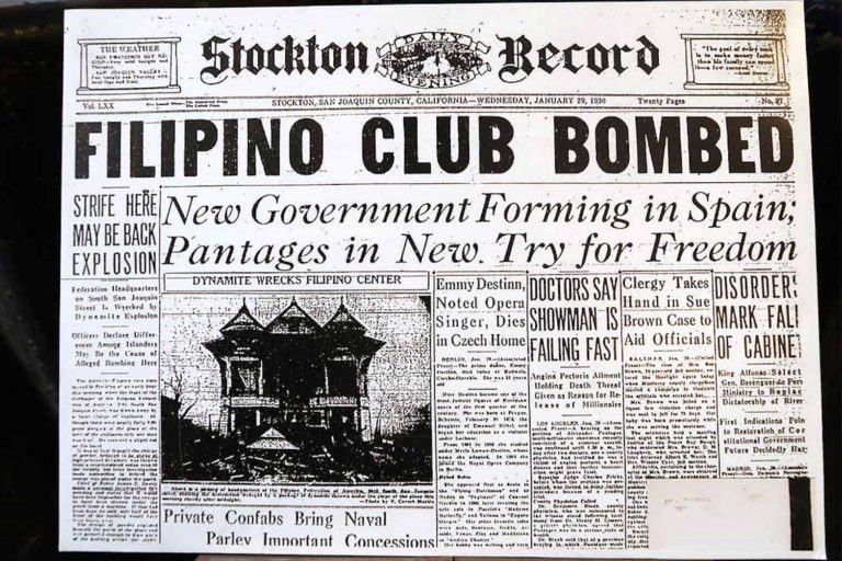 Archival newspaper clipping stating "Filipino Club Bombed"