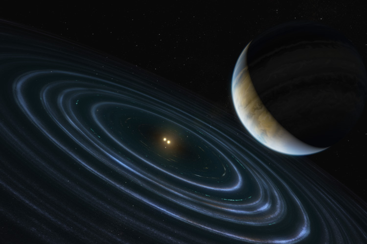 artist's impression of a planet orbiting far from its binary star