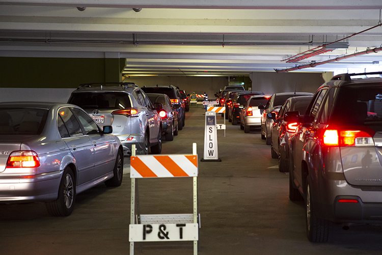 Lines of cars form at the Underhill Parking Garage, where drive-through COVID-19 testing began in January.
