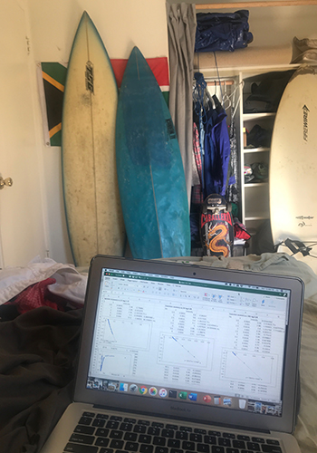 Katia Gibson found it hard to study last December for her finals in chemistry because the waves were calling her to surf. This photo shows her bedroom with her homework open on her computer and two surfboard resting against the wall.