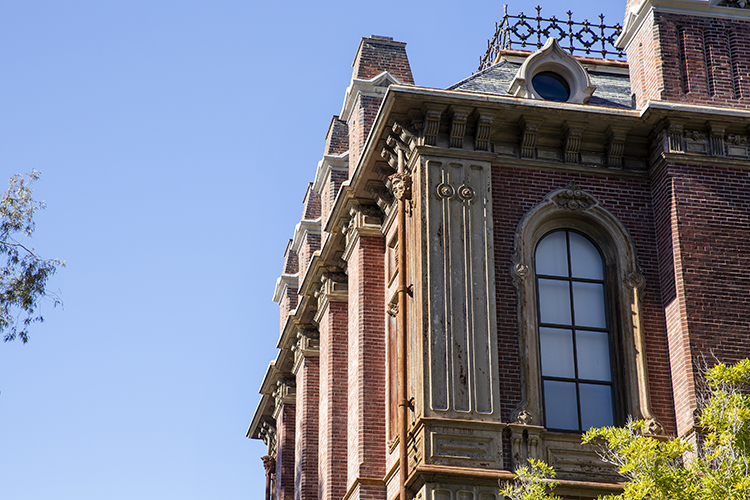 A close-up of the restored wooden cornices on South Hall.