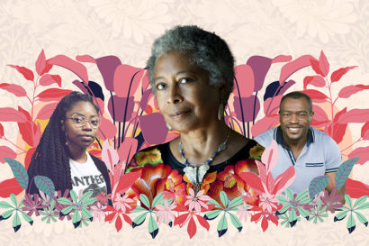 three people in a colorful graphic of a garden