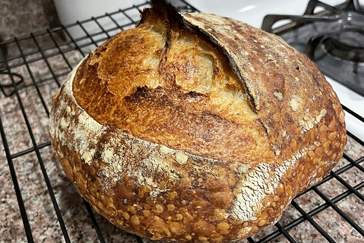 A round of sourdough bread made by Carolyn Hong and Brendan Huang sits on a countertop.