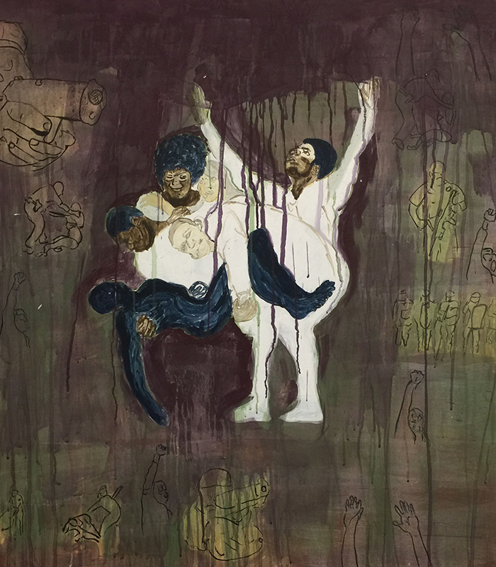 painting of people holding up a black body