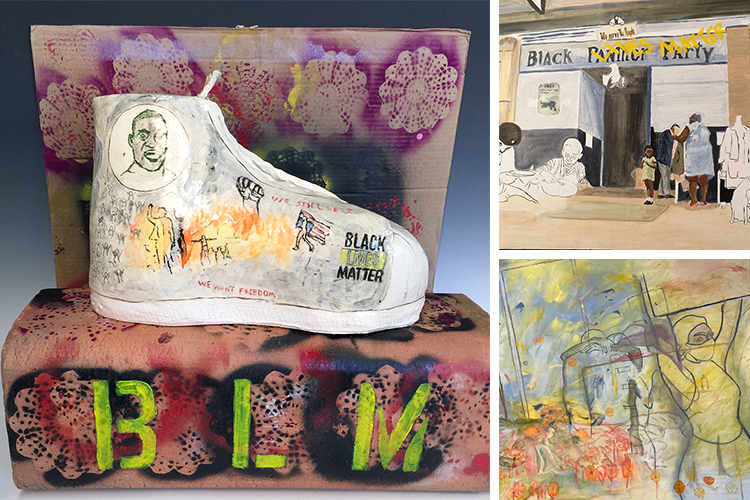 three photos: a ceramic shoe, a painting of a black panther building and people outside and a painting called 