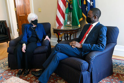 Treasury Secretary Janet Yellen (left) confers with Deputy Secretary Adewale "Wally" Adeyemo