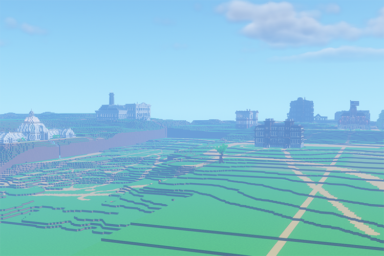 A full view of Blockeley's Minecraft interpretation of what the landscape looked like on campus in the late 1800s.