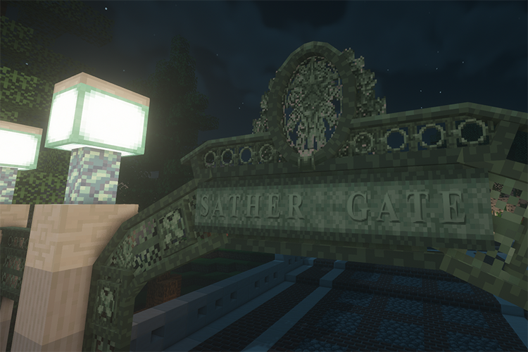 A Blockeley image of Sather Gate at night. It was constructed with the video game Minecraft