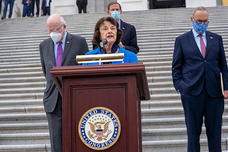 Senator Dianne Feinstein at a press conference with other Democrats from the Senate Judiciary Committee