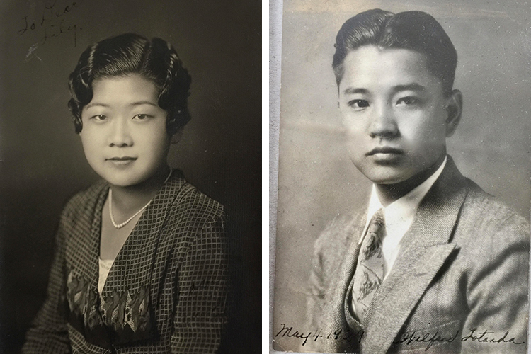 two photos side by side: left: philip gotanda's mom at 18; right: philip gotanda's dad at 21