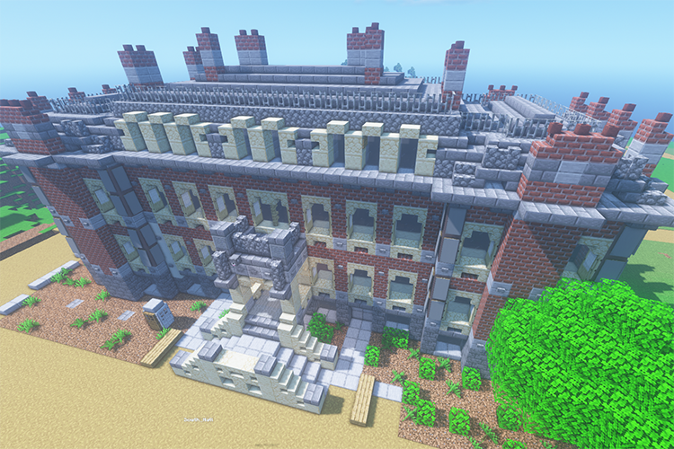 South Hall, the only remaining building on campus from the 1800s, as built in Minecraft.