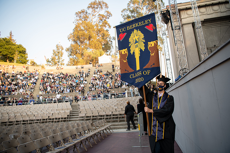 The Class of 2020's banner has two Cal bears on int and two axes