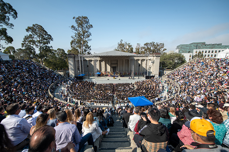 A photo of the Greek Theatre shows a capacity crows on a sunny, warm day at the Class of 2020 In-Person Commencement, a belated event for the class, which had to forgo an in-person ceremony in 2020 due to the COVID-19 pandemic.