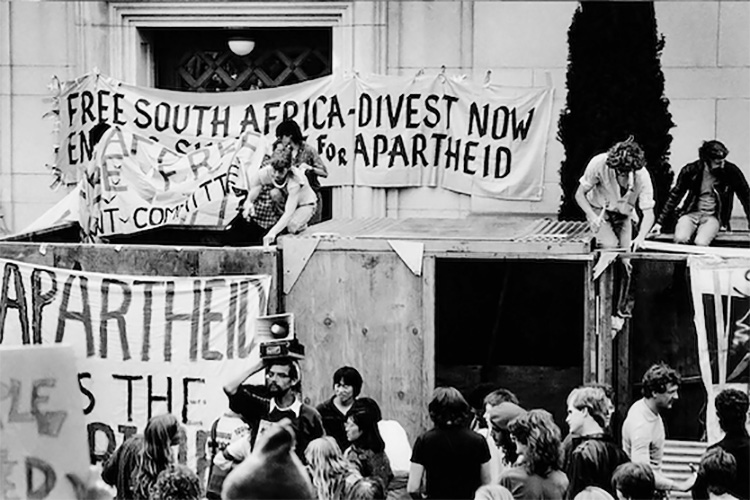 Archival photo of students protesting South African Apartheid