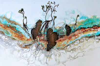 colorful painting of trees, roots and fungal communities below