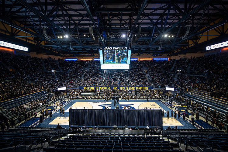 haas paviliaon is filled with 5,000 on lookers in this wide-angle shot