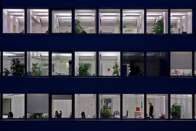 Shot of office building windows from outside.