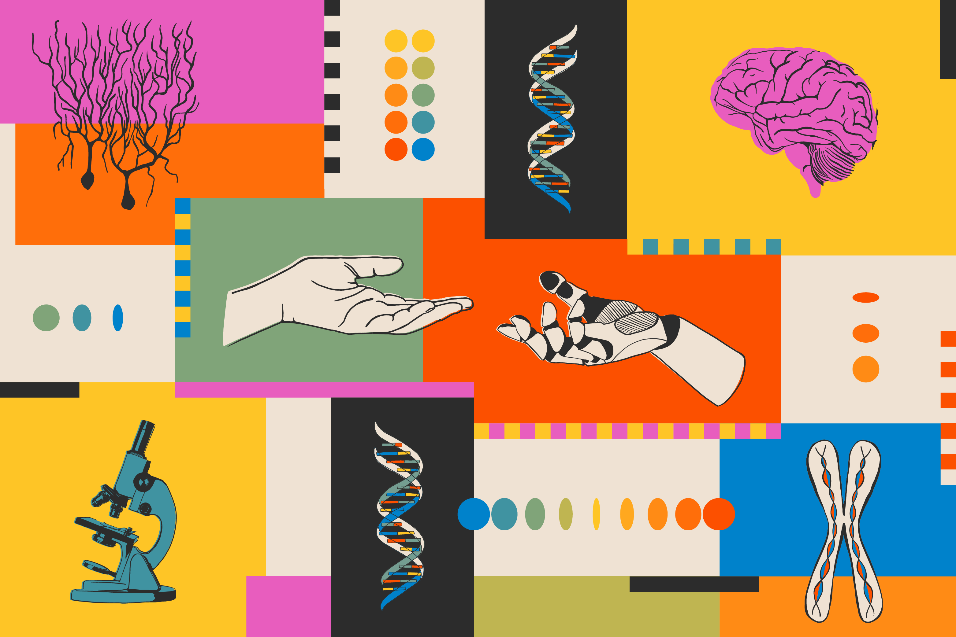 A brightly colored graphic shows DNA strands, neurons, and a robot hand reaching out for a human hand