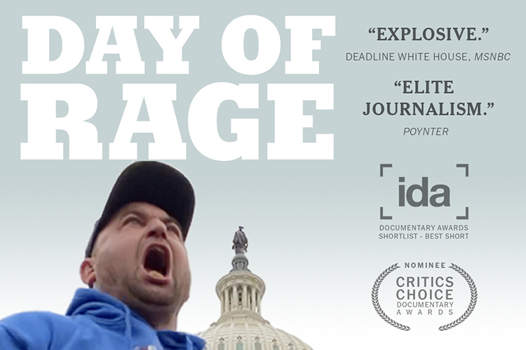 A screenshot from the film "Day of Rage," about the Jan. 6, 2021, attack on the U.S. Capitol, shows a rioter yelling at the crowd.