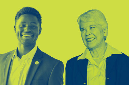 Student Chaka Tellem and Chancellor Carol Christ