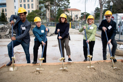 From left to right, student speaker Jarrett Wright, Chancellor Carol Christ, Jackie Safier, Vice Chancellor Rosemarie Rae, and project architect Morris Adjmi digging at the Anchor House ground breaking ceremony Jan. 31.