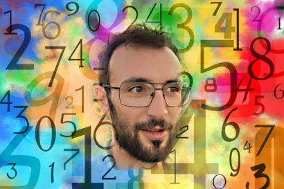 The head of cognitive science researcher Benjamin Pitt floating amid numbers.
