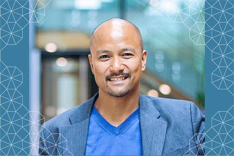 informal headshot of Professor Zeus Leonardo from the UC Berkeley Graduate School of Education, with tesselation at left and right margins