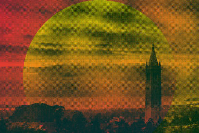 A graphic that shows the UC Berkeley campus and the East Bay, with a large, ominous orange circle encompassing it.